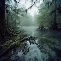 Fog envelops a tranquil swamp at dawn photo
