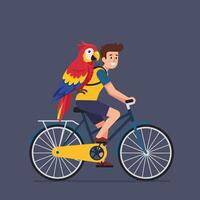 Man Cycling with Parrot on Shoulders Enjoying Fun Outdoor Ride vector