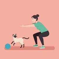 Woman Exercising While Cat Plays with Ball in Simple Illustration vector