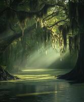 Sunlight beams through trees in a serene swamp photo
