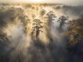 Misty sunrise over an ancient swamp landscape photo