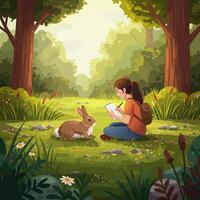 Girl Drawing Rabbit in Forest Meadow on Sketchbook Page vector