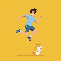 Man Jumping Over Hamster in Cartoon Style Against Yellow Background vector