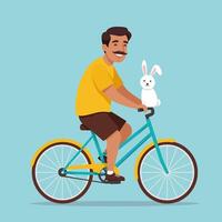 Man Riding Bicycle with a Rabbit on Handlebars Happy and Carefree vector