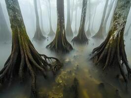 Misty swamp with towering trees and tangled roots photo