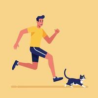 Man Running with His Cat Illustration on Plain Yellow Background vector