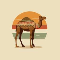 Standing Camel with Tribal Blanket Against a Retro Sunset Background vector