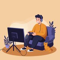 Man Playing Game at Home Sitting Comfortably with His Cat vector