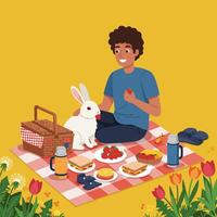 Enjoying Picnic with Rabbit Eating Strawberry on Blanket with Food vector