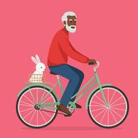 Person Riding Bicycle with Rabbit in Basket Against Pink Background vector