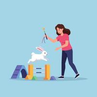 Woman Training Rabbit Jumping Over Hurdle with Wand for Encouragement vector