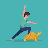 Man Doing Yoga Pose on a Turtle Illustration on a Cyan Background vector