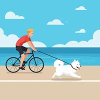 Man Riding Bike with Dog Running on Beach Path Graphic vector