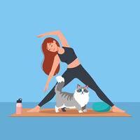 Woman Practicing Yoga Pose with Cat in Studio and Water Bottle vector