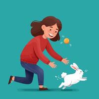 Woman Catching White Rabbit Illustration with Joyful Expression and Simple Background vector