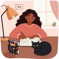 Woman Drawing in Sketchbook with Cat at Desk Under Lamp vector