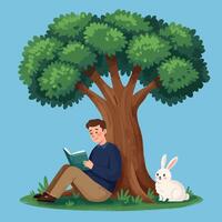 Reading Under Tree with Rabbit Companion in Peaceful Illustration Style vector