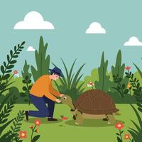 Man Feeding a Turtle in a Garden with Flowers and Plants vector
