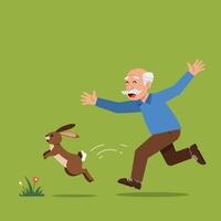 Man Running After Rabbit in Field Having Fun Outdoors vector