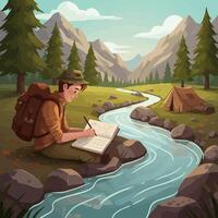 Man Sketching Nature Scene Next to Stream in Mountain Landscape vector