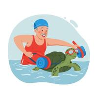 Man Swimming with Turtle in Water with Exercise Equipment Fun vector