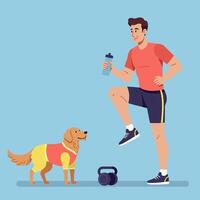 Man Exercising with Dog and Kettlebell Water Bottle in Studio vector