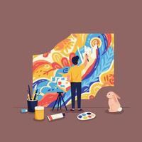 Man Painting Colorful Mural Indoors with Rabbit Watching Art Creation vector