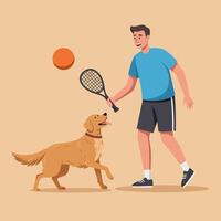 Man Playing Fetch with Dog Using Tennis Racket and Ball vector