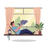 Man Lying Holding Up Fish Indoors by Window with Curtains vector