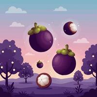 Mangosteen Floating in a Surreal Landscape with Trees and Clouds vector