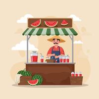 Watermelon Vendor at Stall Preparing Fresh Juice for Summer vector