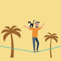 Man Balancing on Rope with Cat Amidst Palm Trees vector