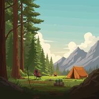 Camping Adventure Scene with Tent Forest and Mountains Under Cloudy Sky vector