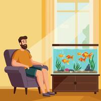 Man Relaxing Watching Fish Swim in Aquarium at Home in Sunlight vector