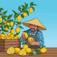 Farmer Harvesting Lemons From Tree and Crate on Wooden Table vector