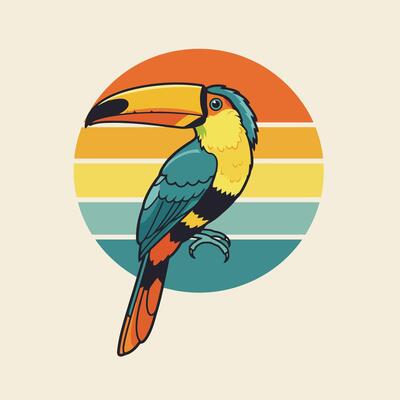 Colorful Toucan Sitting Bird Illustration Retro Graphic Design Style