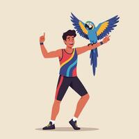 Person with Pet Bird Macaw on Arm Pointing Up Celebrating vector