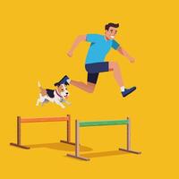Man and Dog Jumping Hurdles Together on a Yellow Background vector
