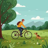 Person Cycling with Dog in Green Field with Mountain Backdrop vector