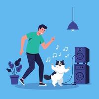 Man and Cat Dancing to Music in a Room with Speaker vector