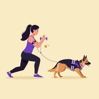 Woman Working Out with Dumbbells While Walking Her Loyal Dog vector