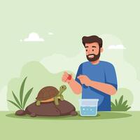Man Feeding a Small Turtle Strawberry in a Relaxing Outdoor Setting vector