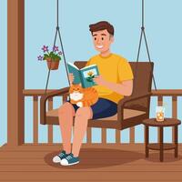 Man Reading with Cat on Porch Swing During Peaceful Day vector