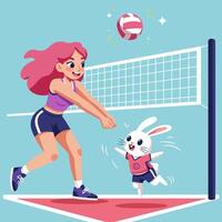 Woman Playing Volleyball with an Anthropomorphic Bunny Near the Net vector