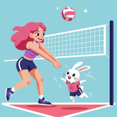 Woman Playing Volleyball with an Anthropomorphic Bunny Near the Net