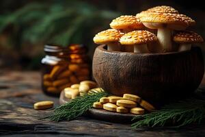 Mushroom Harvest with Herbal Supplements in Rustic Setting for Natural Health Themes photo