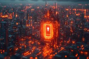 Glowing Cybersecurity Cityscape - Futuristic Digital Data Protection Concept Design for Technology, Security, and Innovation photo