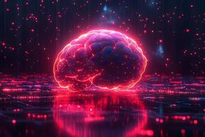 Futuristic Digital Brain Hologram with Neon Light Effects for Technology and AI Concepts photo