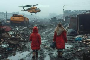 Urban Destruction and Rescue Scene in Winter - Children Amidst Ruins and Helicopter Operation photo