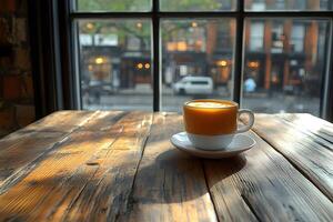 Cozy Coffee Break by the Window in Rustic Cafe Setting for Relaxation and Inspiration photo